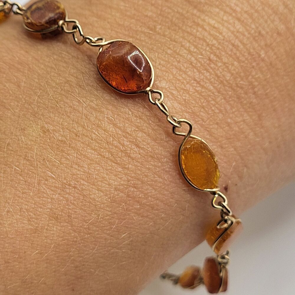 Artisan Handmade Wire Wrapped Amber Bracelet Gold 8in